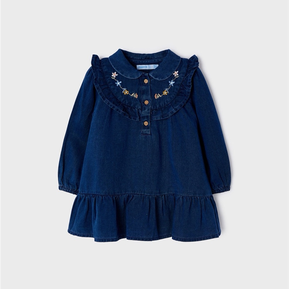 Size 12 months Baby Mayoral Navy Dress with Floral Embroidery